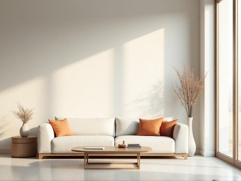 A minimalist living room with clean lines and open spaces, featuring a comfortable sofa, a small coffee table, and a few carefully chosen decor items. The room is free of clutter, with everything in its place, creating a sense of calm and order. Natural light floods the space, enhancing the feeling of openness and clarity.