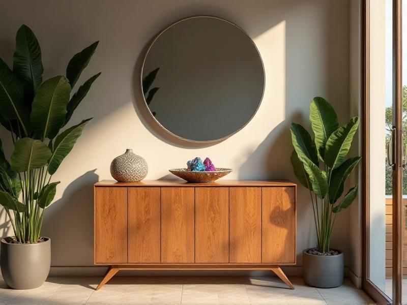 A bright and inviting entryway with a wooden console table, a round mirror, a potted plant, and a small bowl of crystals, creating a welcoming and harmonious atmosphere.