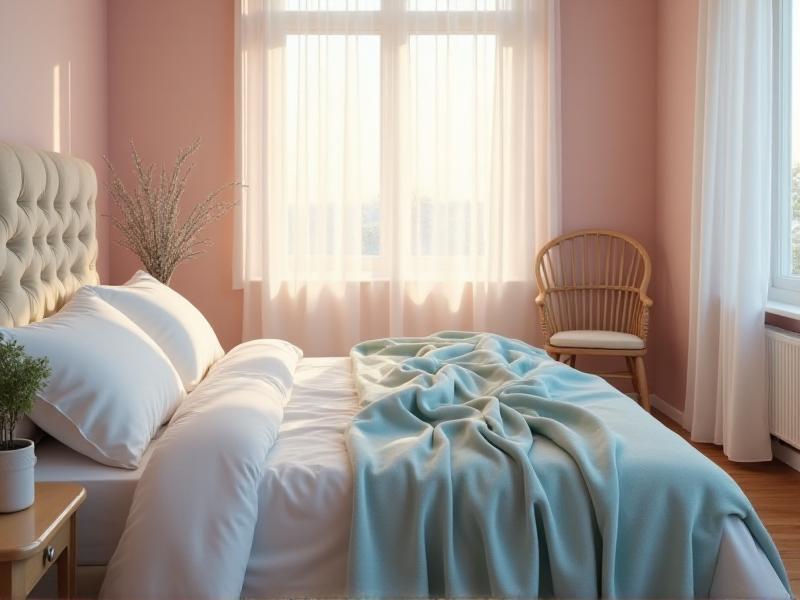 A peaceful bedroom with a neatly made bed featuring soft white linens and a light blue throw blanket. A small potted plant sits on a nightstand, and sheer curtains filter natural light. The room feels serene and inviting, perfect for relaxation.