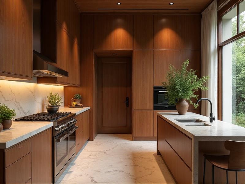 A clean and organized kitchen with a stove placed in the commanding position, allowing the cook to see the door. The kitchen incorporates the five elements: wooden cabinets, metal appliances, earthy tones, a small water feature, and a well-lit, well-ventilated space. The room feels balanced and harmonious, promoting health and prosperity.