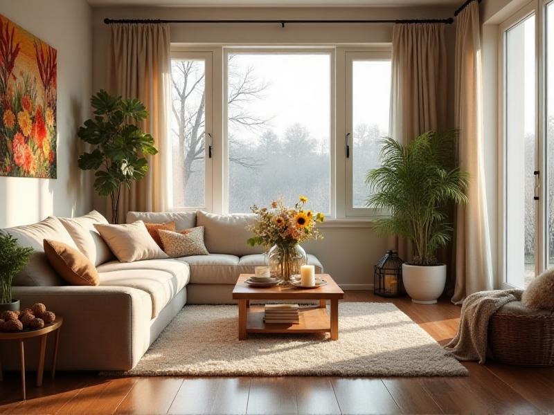 A cozy living room with seasonal decor: fresh flowers and plants in the spring, bright colors and candles in the summer, earthy tones and natural materials in the fall, and soft lighting and cool colors in the winter. The overall atmosphere changes with the seasons, creating a harmonious connection with nature.