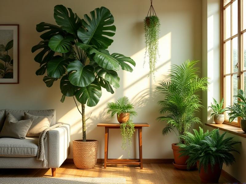 A variety of indoor plants arranged in different areas of a living room, including a large fiddle-leaf fig in the corner, a small potted fern on a side table, and a hanging plant near a window. The plants add a touch of nature to the space, creating a sense of vitality and freshness.