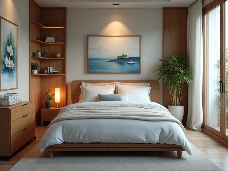 A tranquil bedroom designed with Feng Shui principles, featuring a bed positioned in the command position with a clear view of the door. The room is decorated with soft lighting, calming blue tones, and natural materials like wood and cotton, creating a peaceful and restful environment.