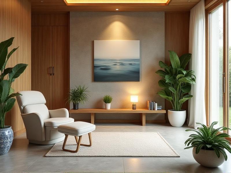 A health-focused room designed with Feng Shui principles, featuring natural materials like wood and stone, a large window for fresh air, and a balanced arrangement of furniture. The room is decorated with plants and calming colors, creating a peaceful and rejuvenating atmosphere.