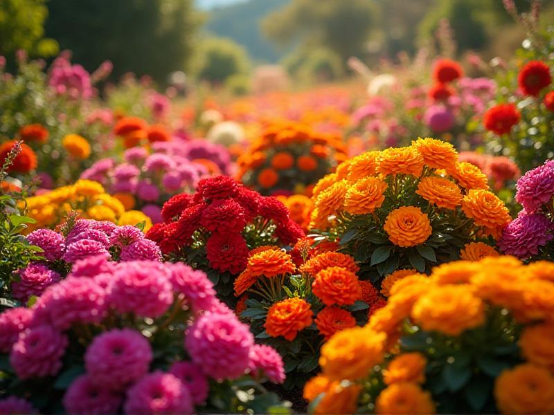 A vibrant garden filled with flowers in a variety of colors, including red, yellow, orange, and purple. The flowers are arranged in clusters, creating a sense of abundance and joy. A wooden bench painted in a soft green hue sits in the center of the garden, surrounded by lush green plants, creating a balanced and harmonious scene.