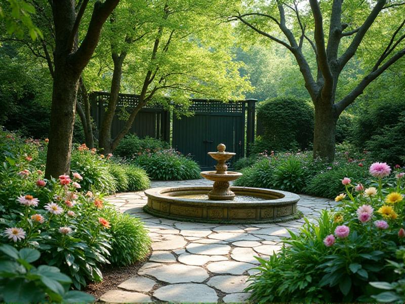 A lush garden designed with Feng Shui principles, featuring a variety of plants, a small water fountain, and a winding stone path. The garden is well-maintained and surrounded by a wooden fence, creating a peaceful and serene outdoor space.