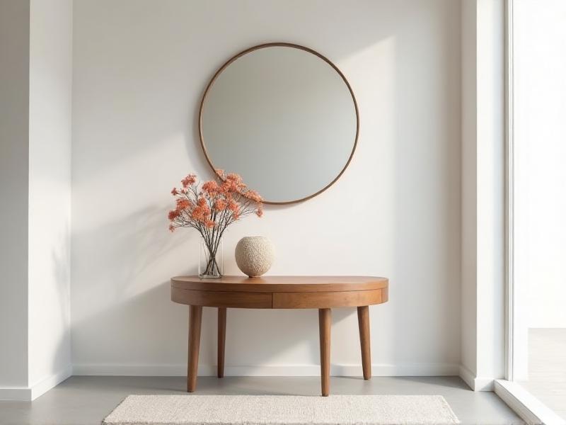 A minimalist entryway with a round wooden console table, a large round mirror, and a vase of fresh flowers. The walls are painted in a soft white, and the floor is covered with a light gray rug. A small sculpture sits on the table, adding a touch of personality. The overall mood is calm and harmonious, with a focus on simplicity and balance.