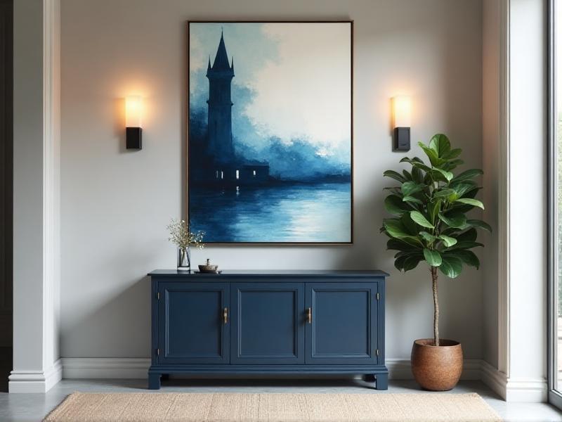 An elegant entryway with light gray walls, a navy blue console table, and a large abstract painting featuring shades of blue and white. The floor is covered with a light beige rug, and a potted plant adds a touch of greenery. The lighting is soft and diffused, creating a serene and balanced atmosphere.