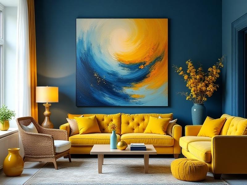 A vibrant living room with a mix of calming blue and energizing yellow accents. The walls are painted a soft blue, while the furniture features yellow cushions and throws. A large abstract painting with shades of blue and yellow hangs on the wall, tying the color scheme together. The room feels balanced, with a mix of calming and stimulating elements.