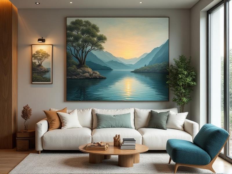 A living room wall adorned with a collection of meaningful artwork, including a large abstract painting in calming colors, a framed photograph of a serene landscape, and a small sculpture on a shelf. The art is arranged in a balanced and thoughtful way, creating a focal point that enhances the energy of the room.