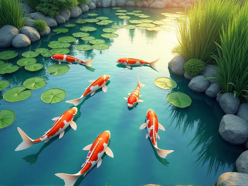 A tranquil koi pond with vibrant orange and white koi fish swimming gracefully among lily pads. The water reflects the soft light of the setting sun, creating a peaceful and harmonious atmosphere. The koi fish symbolize perseverance and success, inspiring those who observe them.