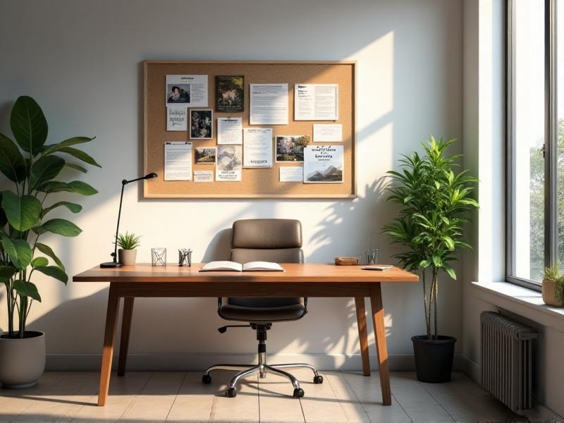 A modern home office with a wooden desk, a potted plant, a vision board on the wall, and natural light streaming through the window, creating a focused and inspiring workspace.