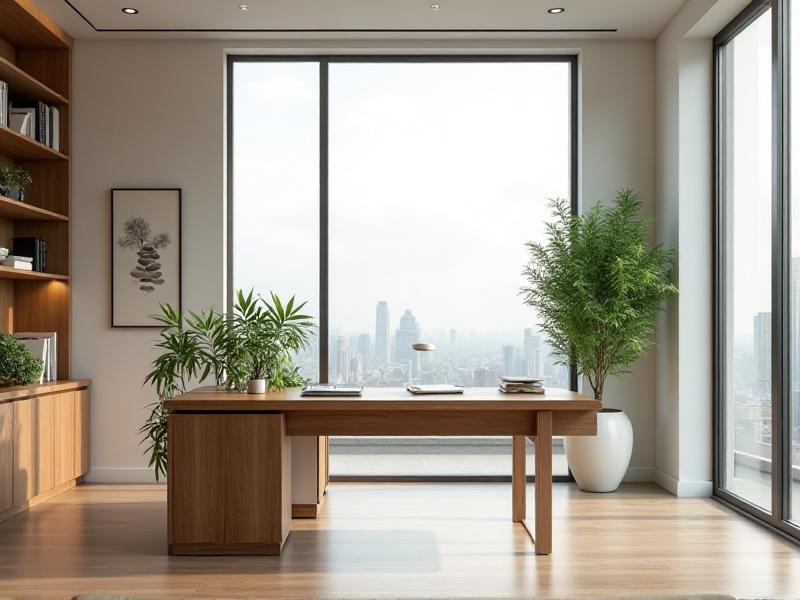 A serene modern office space with a wooden desk, a green plant, and natural light streaming through large windows. The room is arranged according to Feng Shui principles, with a clear path for energy flow and a balanced mix of elements.