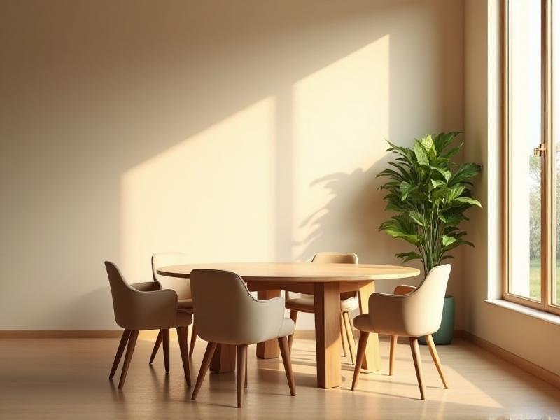 A serene dining room with a round wooden table surrounded by comfortable chairs, bathed in warm natural light from a large window. The walls are painted in soft beige tones, and a vibrant green plant sits in the corner, adding life and freshness to the space. The overall mood is calm and inviting, perfect for family gatherings.