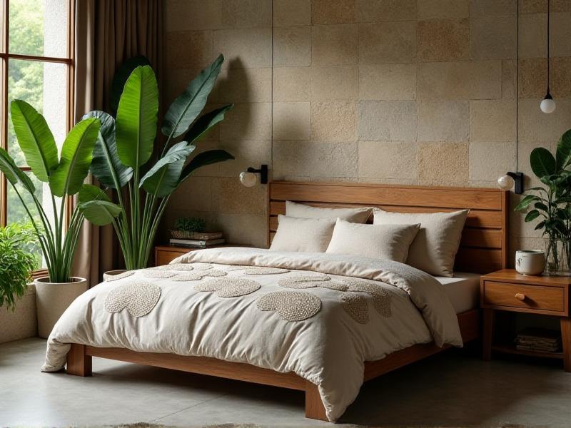 A bedroom designed with natural elements, featuring a wooden bed frame, a stone accent wall, and a variety of potted plants with rounded leaves. The bedding is made of organic cotton in earthy tones, and a large window allows natural light to fill the room. A small water feature, such as a tabletop fountain, adds a soothing sound and enhances the connection to nature. The overall atmosphere is serene and balanced, promoting a sense of well-being and restful sleep.