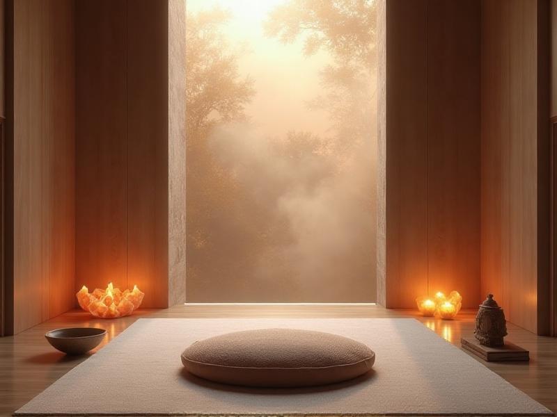 A peaceful meditation space designed with Feng Shui principles, featuring a comfortable cushion, candles, crystals, and incense. The room is softly lit with natural light, creating a serene atmosphere that promotes inner peace and spiritual growth. The decor is simple and harmonious, allowing for a focused and calming meditation experience.