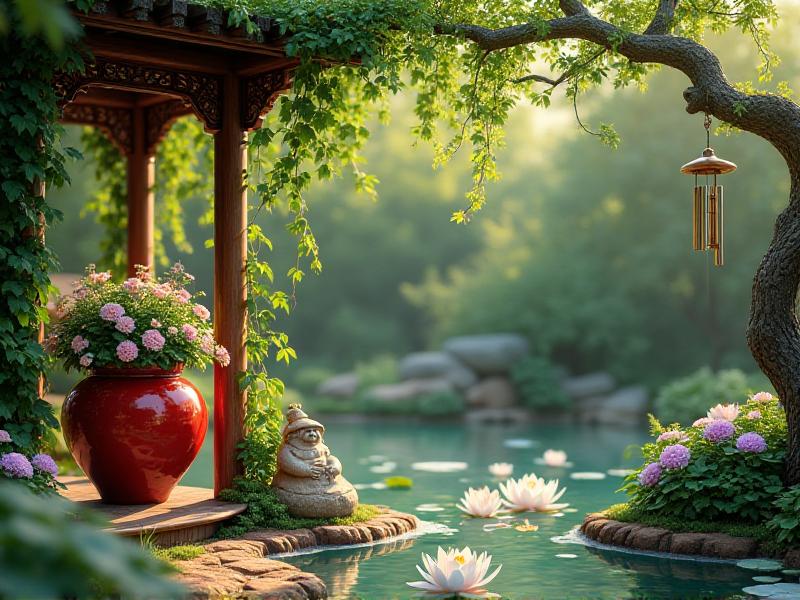 A vibrant garden showcasing the five Feng Shui elements: a wooden pergola covered in climbing plants, a red ceramic pot filled with blooming flowers, a stone statue nestled among green shrubs, a metal wind chime hanging from a tree branch, and a small pond with water lilies floating on the surface.