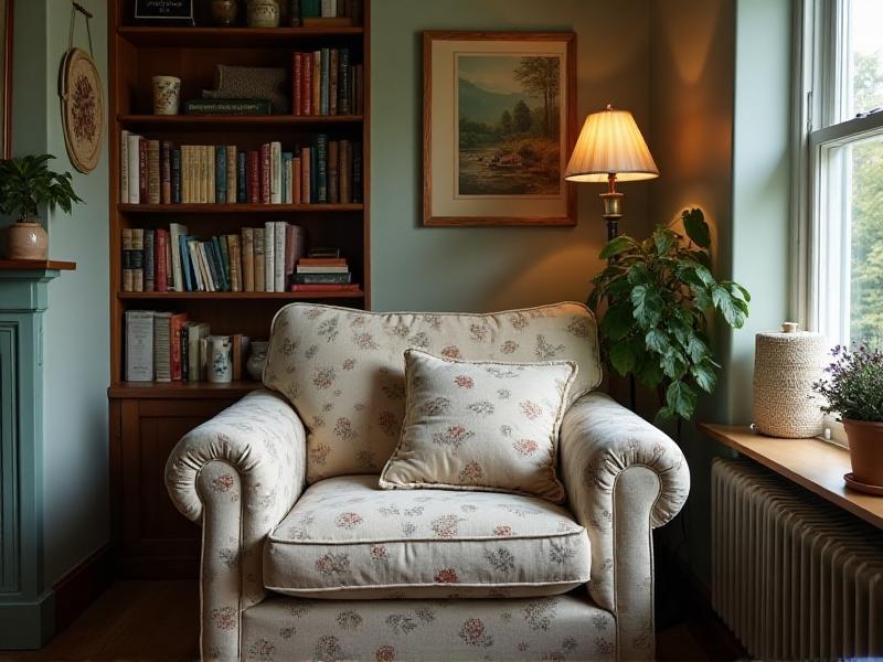 A cozy reading nook with a comfortable chair, a small bookshelf filled with personal items, and a framed photo on the wall, creating a warm and inviting space.