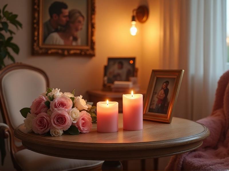 A cozy and intimate Love area in a home, featuring a pair of pink candles on a wooden table, surrounded by fresh roses. A framed photo of a happy couple sits nearby, and a soft pink throw blanket is draped over a chair. The warm lighting creates a romantic and inviting ambiance.