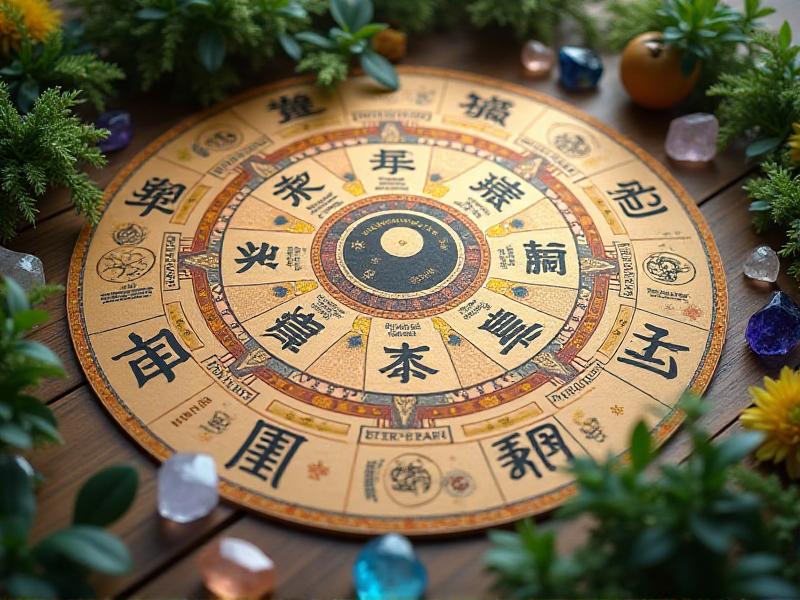 A colorful Bagua Map displayed on a wooden table, featuring nine distinct sections with Chinese characters and symbols representing different life aspects. The map is surrounded by natural elements like plants and crystals, creating a serene and balanced atmosphere.