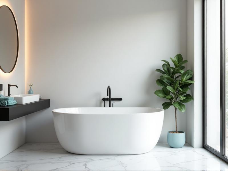 A spa-like bathroom designed with Feng Shui principles, featuring a clean and minimalist layout with a freestanding bathtub, a small potted plant, and soft lighting. The color scheme includes neutral tones like white and gray, with accents of blue to enhance the water energy. The overall atmosphere is calming and rejuvenating.