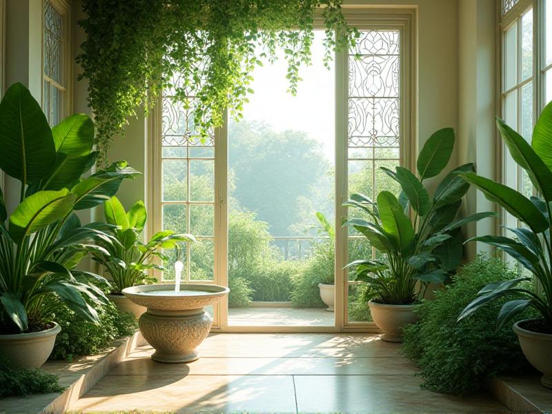 A bright, airy room filled with lush green plants, a small tabletop fountain, and large windows that let in natural light. The space feels alive and vibrant, with the plants and water feature adding a sense of tranquility and balance.