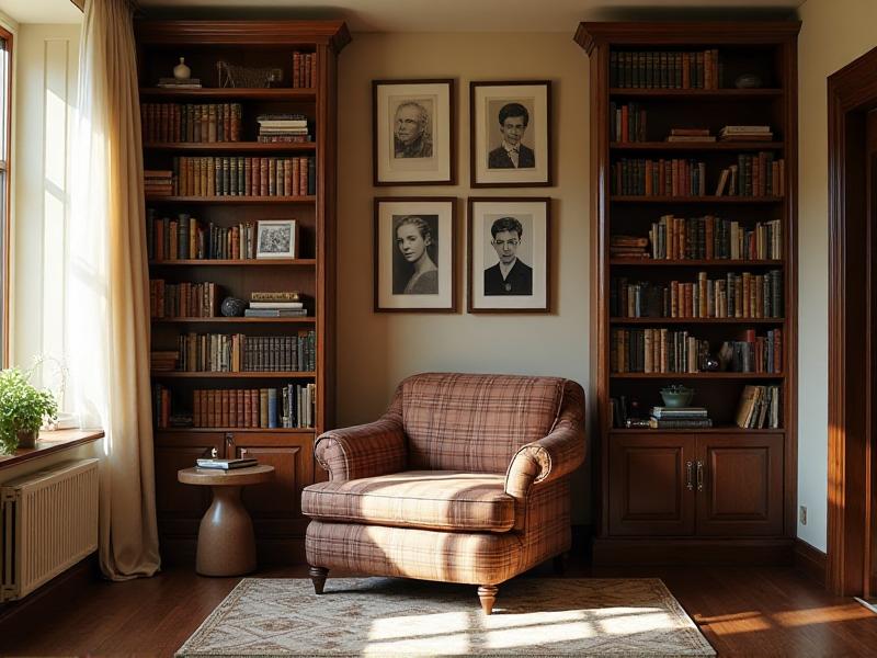 A cozy reading nook with a comfortable armchair, a bookshelf filled with meaningful books, and a wall adorned with family photos and inspirational artwork. The space is warm and inviting, reflecting the homeowner’s personality and values. The decor is thoughtfully arranged to create a sense of harmony and connection.