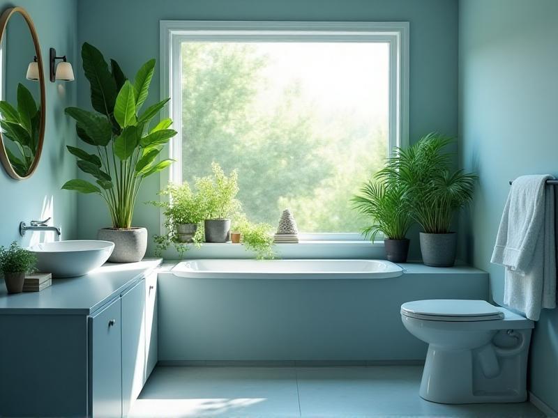 A serene bathroom with soft blue walls and a large window that lets in natural light. A few potted plants sit on the windowsill, and a small stone sculpture adds a natural touch. The bathroom is clean and well-organized, with fluffy towels neatly folded and a closed toilet lid, creating a calming and renewing environment.