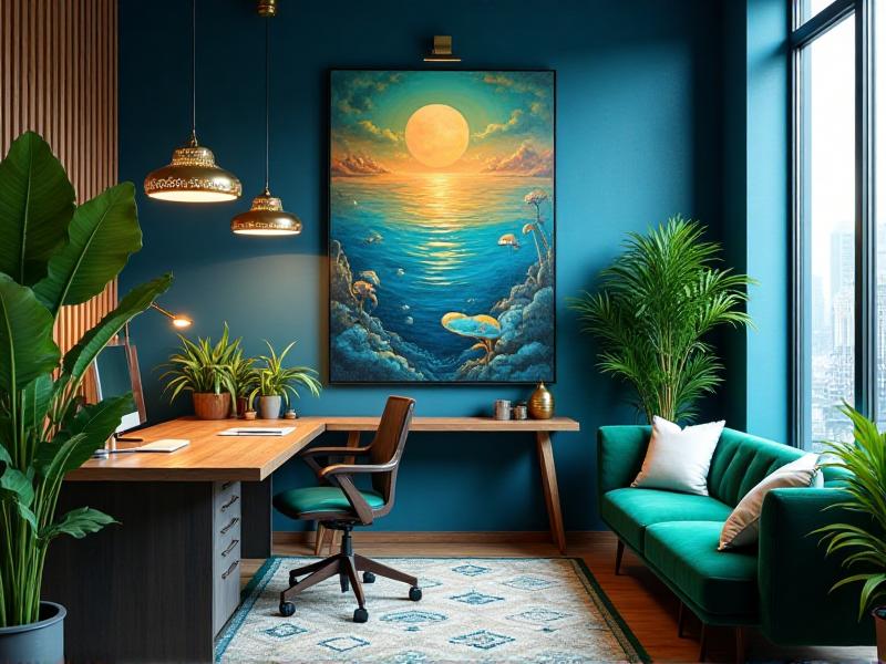 A vibrant home office with blue and green accents, including a blue wall, green plants, and colorful artwork, creating an inspiring and productive environment.