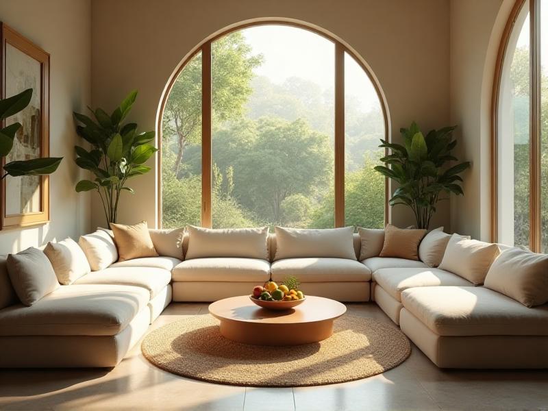 A cozy living room designed with Feng Shui principles, featuring a comfortable sofa arranged in a circular formation to encourage conversation, a soft area rug, and a coffee table with a bowl of fresh fruit. The room is bathed in natural light, with large windows offering a view of a lush garden, creating a sense of connection to nature.