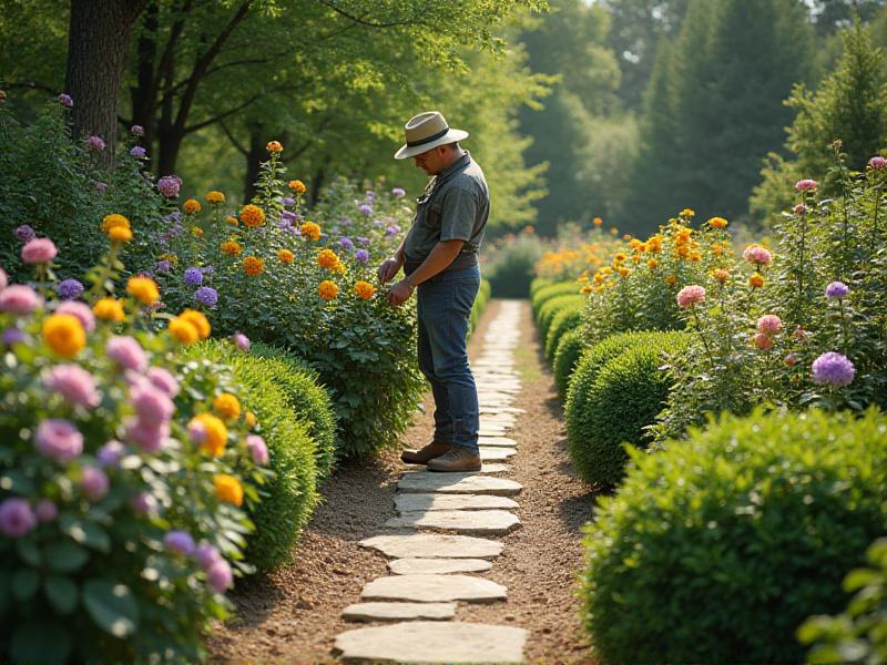 A well-maintained garden with neatly trimmed shrubs, vibrant flowers, and a clean stone pathway. A gardener is seen pruning a plant, ensuring that it remains healthy and balanced. The garden is bathed in soft sunlight, creating a sense of order and harmony.