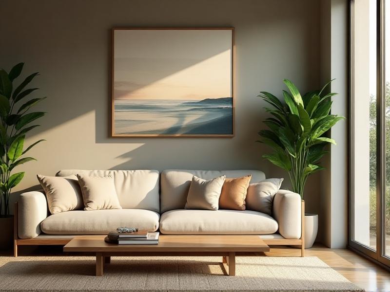 A serene living room designed with Feng Shui principles, featuring a balanced arrangement of furniture, soft natural lighting, and earthy tones. The room includes a cozy sofa, a low wooden coffee table, and a potted plant in the corner, symbolizing growth and vitality.