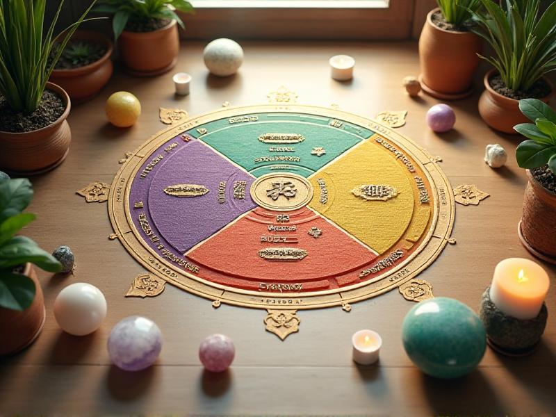 A detailed Bagua Map overlaid on a floor plan, with each section color-coded and labeled to represent different life aspects. The map is surrounded by Feng Shui symbols like crystals, plants, and candles, emphasizing the connection between space and energy.