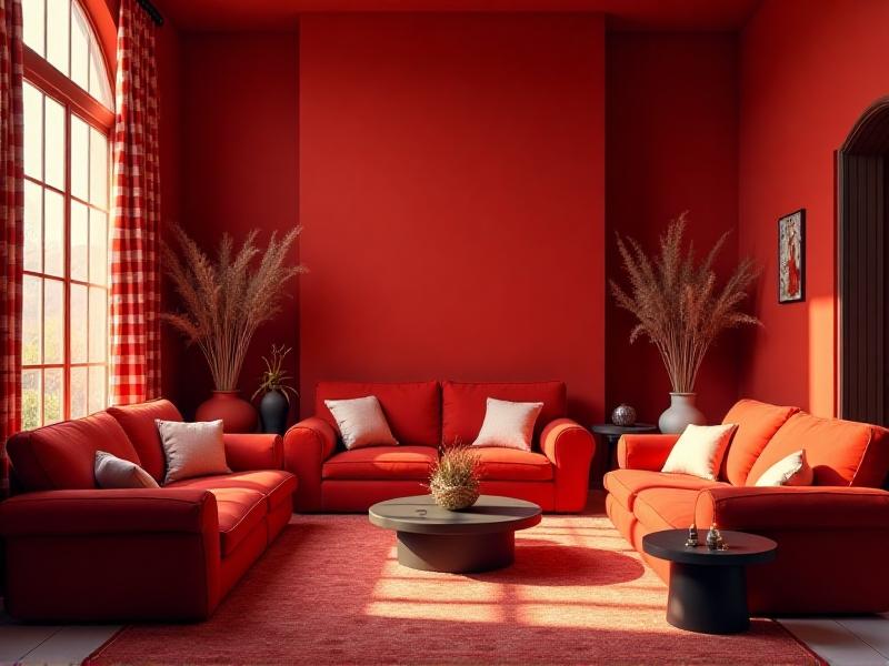 A living room dominated by bright red walls, red furniture, and red decor. The space feels intense and overwhelming, illustrating the importance of balancing bold colors with softer tones.