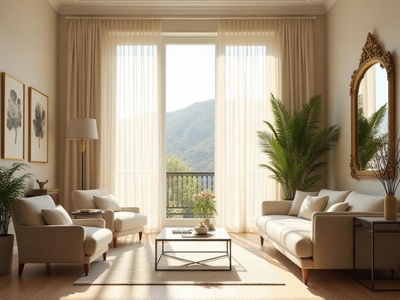 A bright and airy living room with large windows that allow natural light to flood the space. Light-colored curtains frame the windows, and a large mirror on the opposite wall reflects the sunlight, creating a sense of openness and vitality. A few potted plants are placed strategically around the room, adding a touch of nature and improving air quality.