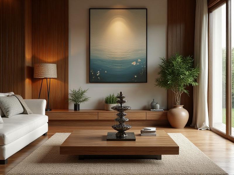 A harmonious room designed with the five Feng Shui elements: a wooden coffee table, a metal sculpture, a small indoor fountain, a potted plant, and earthy-toned decor. The room feels balanced and serene, with each element contributing to the overall sense of harmony and mental clarity.