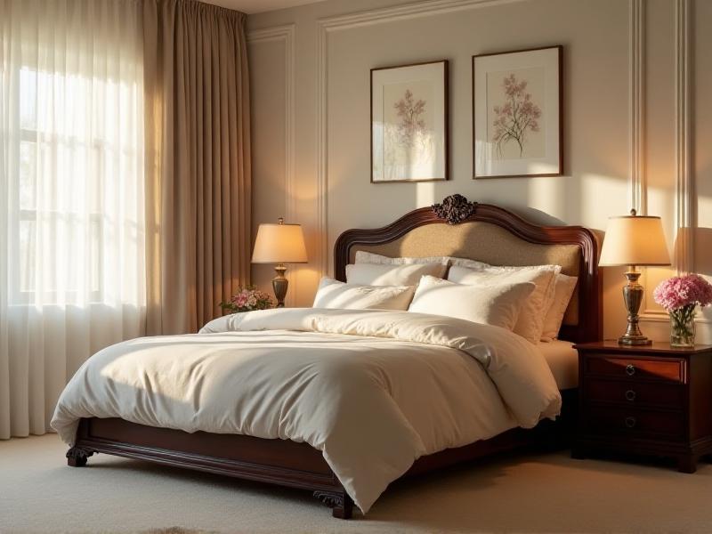 A serene bedroom with a queen-sized bed placed in the command position, featuring soft linens, a wooden headboard, and a nightstand with a lamp, all arranged to create a calming and balanced atmosphere.