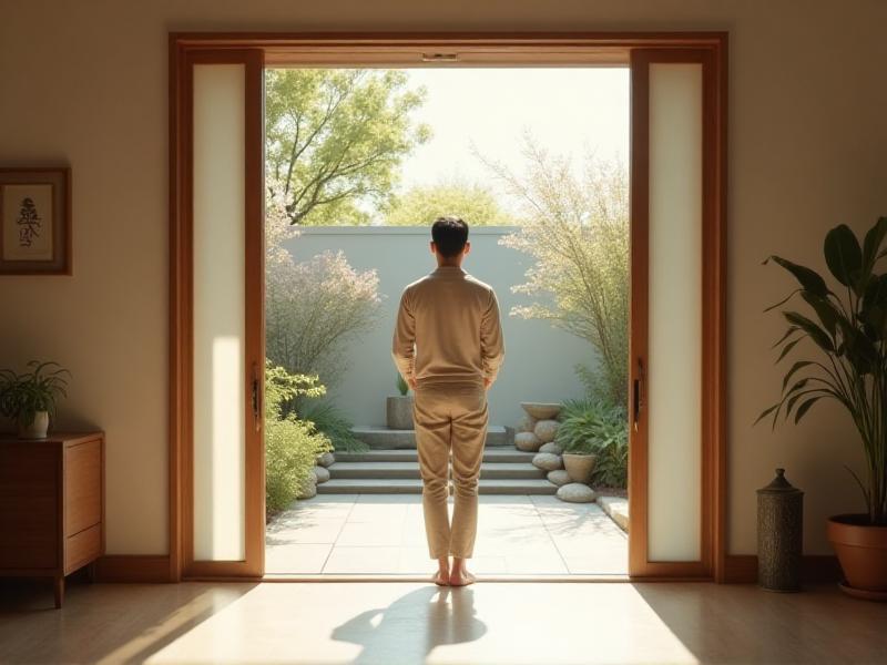 A person standing in the doorway of a decluttered home, looking out at a beautiful garden. The home is filled with natural light, and the air feels fresh and inviting. The person appears content and at peace, symbolizing the sense of accomplishment and harmony that comes from embracing the power of decluttering in Feng Shui.