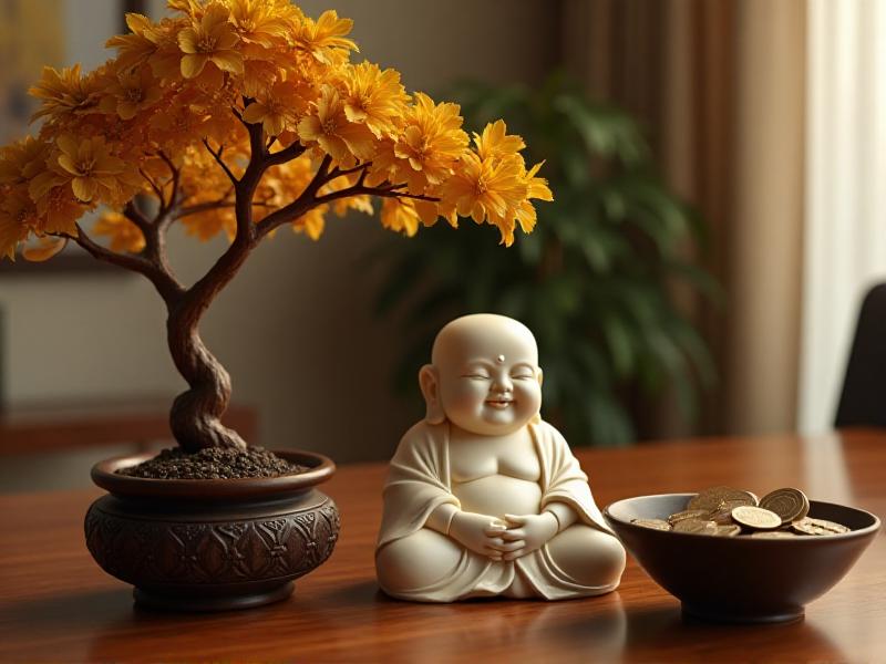 A beautifully arranged home office with a wooden desk, a golden money tree plant, and a small fountain on the side. The room is decorated with symbols of prosperity, such as a laughing Buddha and a bowl of coins, creating a sense of abundance and positivity.