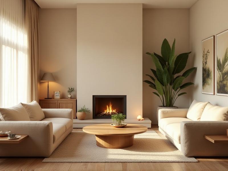 A serene living room with a balanced arrangement of furniture, soft natural lighting, and a harmonious mix of wood and earth tones, creating a peaceful and inviting atmosphere. The room features a circular wooden coffee table, a plush beige sofa, and a large potted plant in the corner, symbolizing the wood element and promoting growth and vitality.