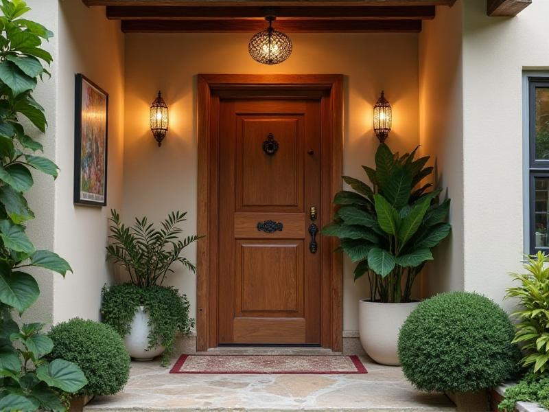 A welcoming entryway with a clean, clutter-free space, a sturdy front door, and a vibrant plant near the entrance. Soft lighting and a piece of inspiring artwork create a warm and inviting atmosphere, setting the tone for positive energy throughout the home.