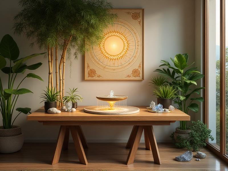 A serene room with a Bagua map displayed on a wooden table, surrounded by natural elements like plants, a small water fountain, and crystals. The room is bathed in soft, natural light, creating a calming and balanced atmosphere.