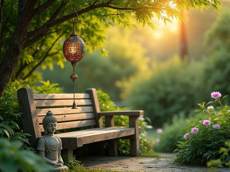 A peaceful garden corner featuring a wooden bench, a metal wind chime, and a small statue of a Buddha. The decor is surrounded by lush greenery and soft lighting, creating a harmonious and tranquil atmosphere.