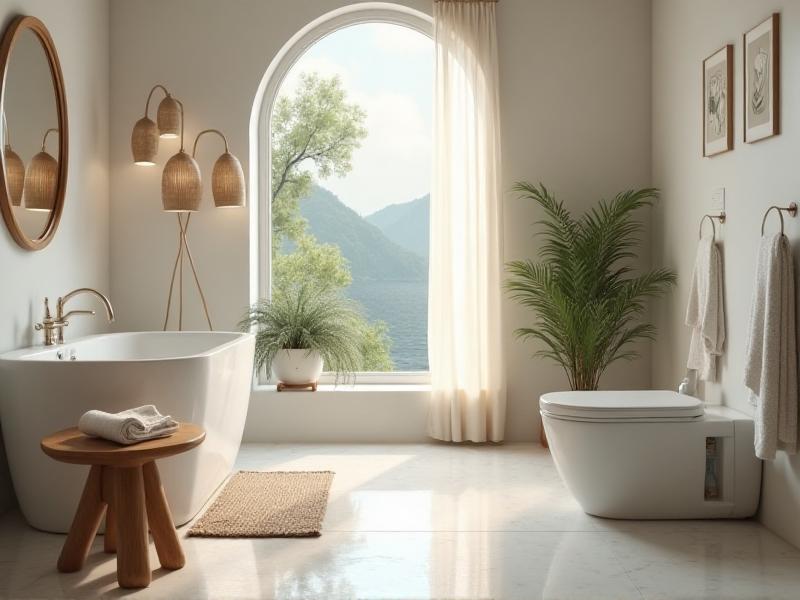 A clean and serene bathroom with a wooden stool, ceramic soap dish, and a small plant on the windowsill. The toilet lid is closed, and a mirror hangs on the outside of the door to reflect energy back into the room. The overall atmosphere is calm and balanced, with a focus on the Water element.