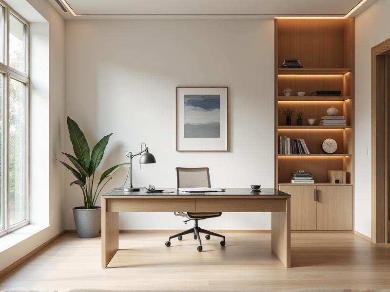 A minimalist home office with a clean desk, organized shelves, and a few carefully chosen decor items, creating a clutter-free environment that promotes the free flow of positive energy and financial abundance.