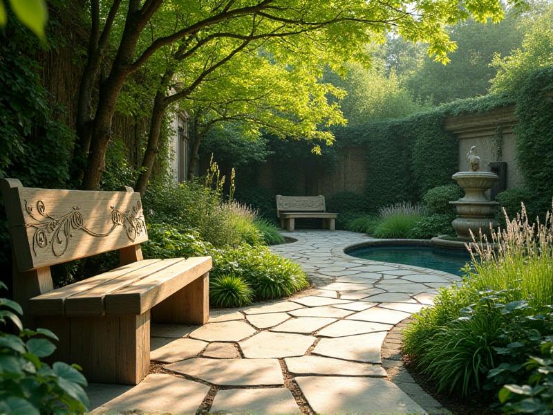 A serene garden with a small stone pathway leading to a wooden bench surrounded by lush green plants and a bubbling fountain. The sunlight filters through the leaves, casting dappled shadows on the ground, creating a peaceful and harmonious atmosphere.