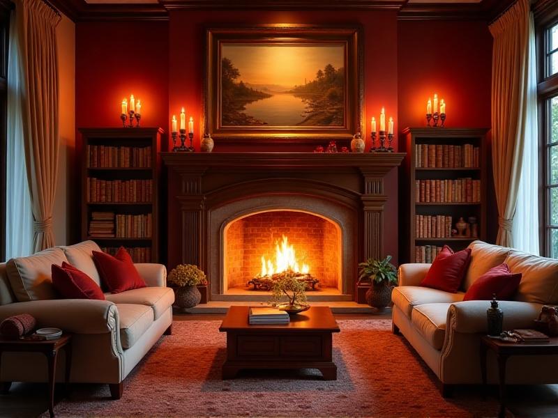 A cozy living room with a fireplace as the focal point, surrounded by warm, red accents and candles. The room exudes energy and passion, perfectly embodying the fire element in Feng Shui. The space feels vibrant and alive, promoting transformation and personal growth.