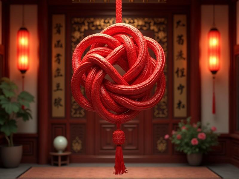 A vibrant red Chinese knot hanging on a wall, its intricate loops and patterns creating a sense of unity and harmony. The knot is surrounded by soft, warm lighting, enhancing its symbolic meaning of good fortune and eternal love.