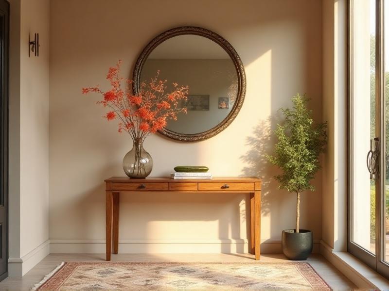 A bright and airy entryway with a wooden console table, a vase of fresh flowers, and a round mirror reflecting natural light. The walls are painted in a soft beige, and the floor is covered with a geometric-patterned rug. The overall mood is warm and inviting, with a focus on simplicity and balance.