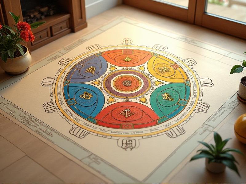 A colorful Bagua map overlaid on a modern home floor plan, with each section labeled and corresponding to different life aspects like wealth, health, and relationships.